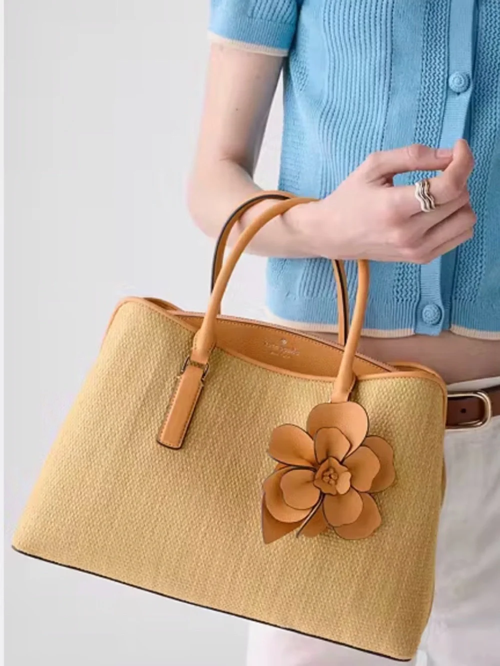 Kate Spade Thompson Street Straw Satchel Bag With Charm Desert Sun Orange Tan